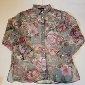 Vintage sheer green pink floral blouse